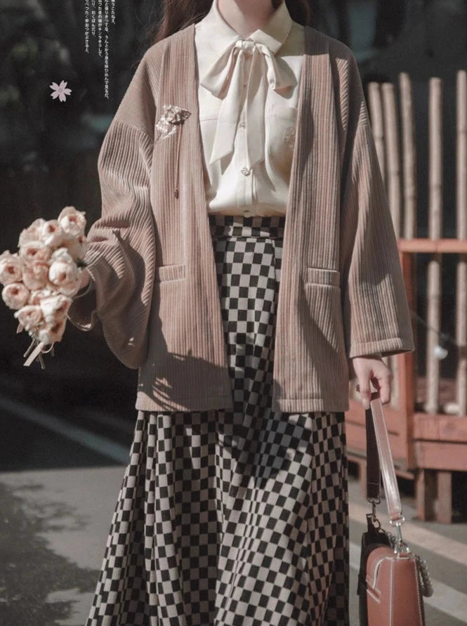 cherry note Showa retro feather jacket + chiffon ribbon shirt + checkered skirt + dark gray skirt + brooch