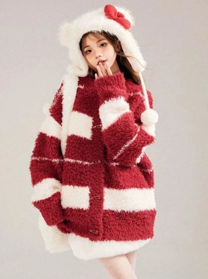 Contrast Color Striped Fur Knit Hornbuckle Cardigan