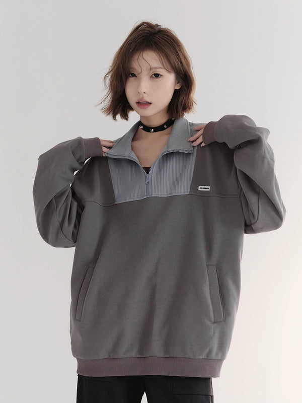 Contrast Color Half Zip Stand Collar Top