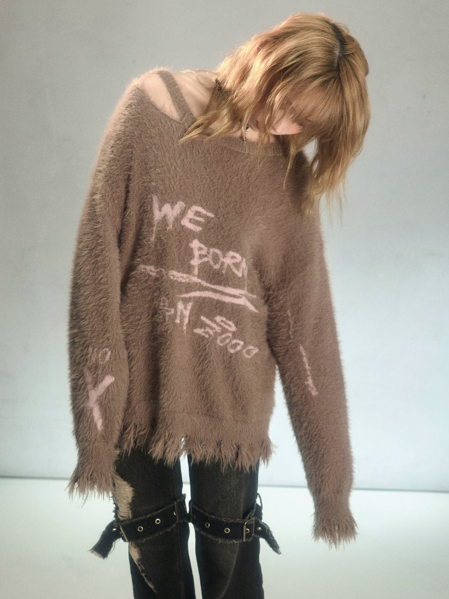 Romantic Punk Graffiti Jacquard Mink Fur Loose Knit