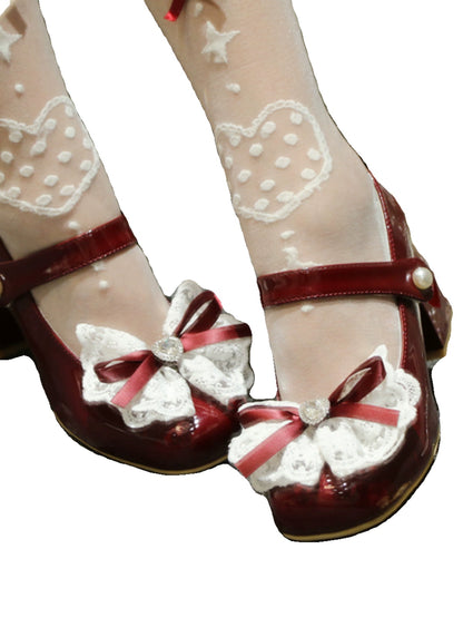 Lolita French Elegant Lace Ribbon Square Toe Love Heel Shoes