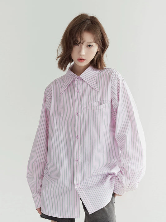 Museum of Gravity Pink Vertical Stripes Long Sleeve Shirt Women's Spring 2024 New Loose Top K