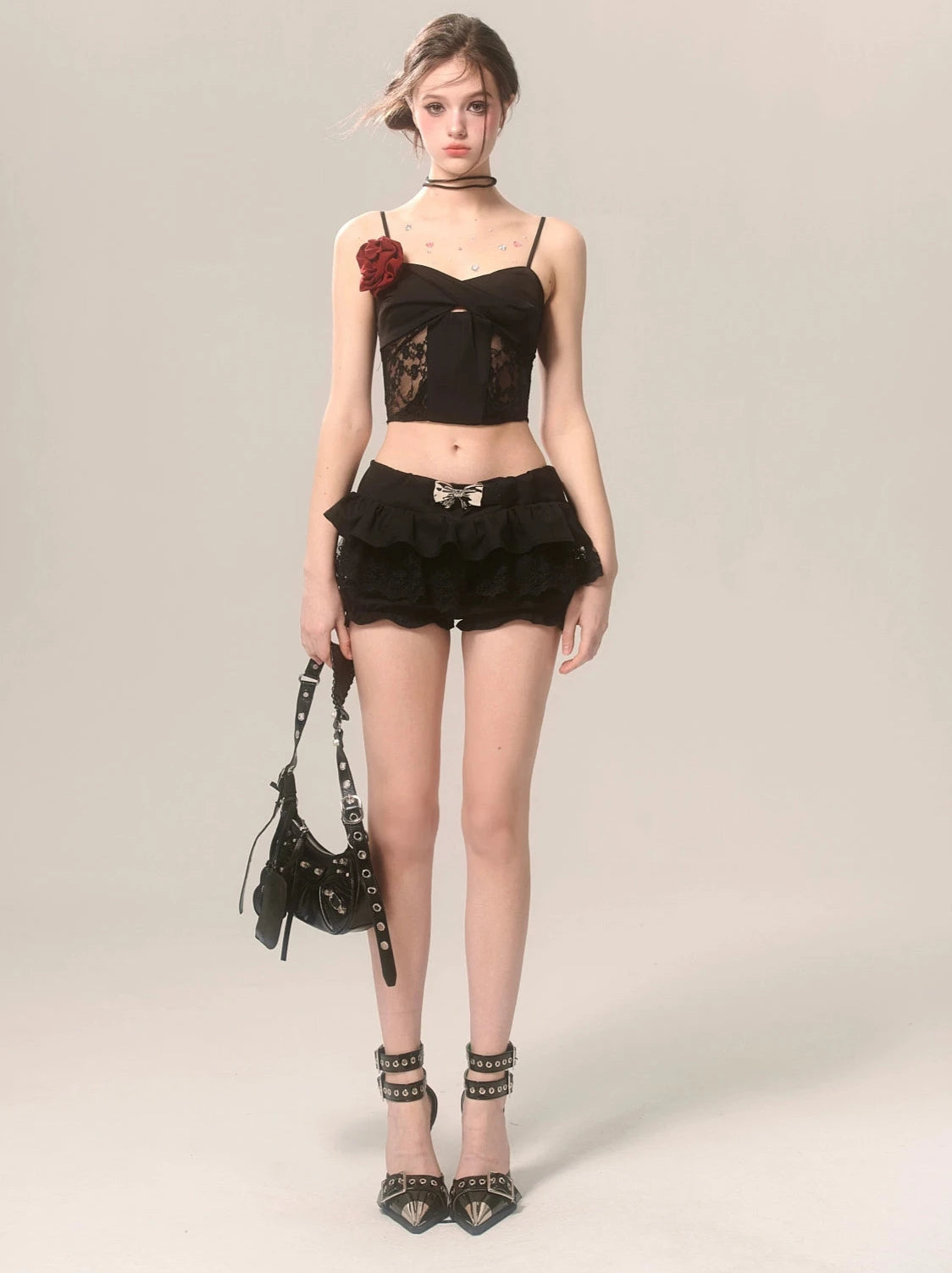 Rose Black French Lace Suspender Short Top [Reserved Item