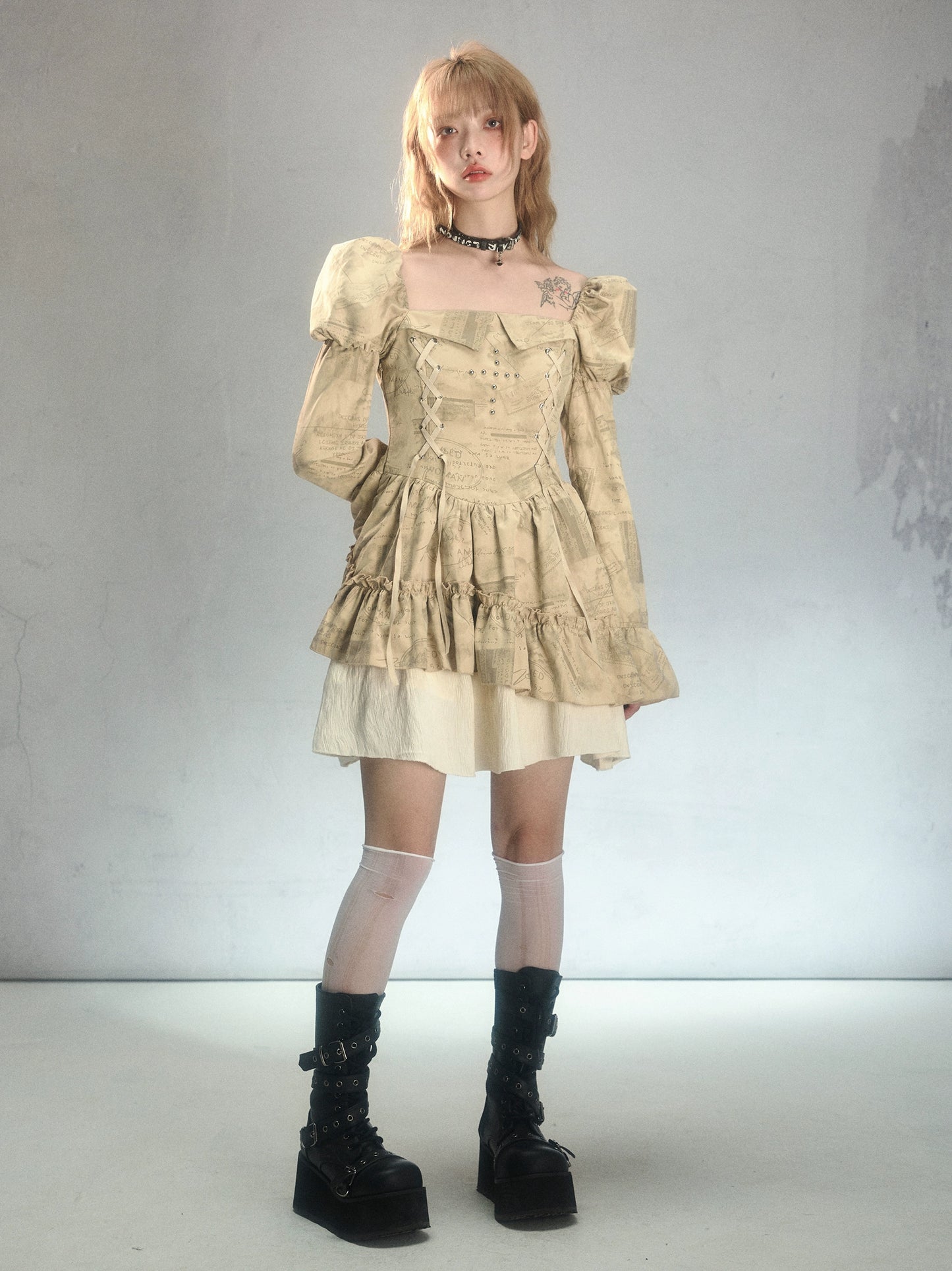 Romantic Punk Print Riveted Cross Lace Regular Cake Puff Sleeve Dress