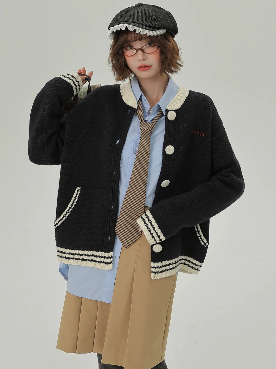 College Style Lazy Loose Stand Collar Knit Cardigan