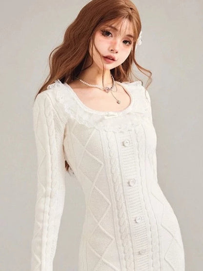 Apricot Lace Slim Knit Dress