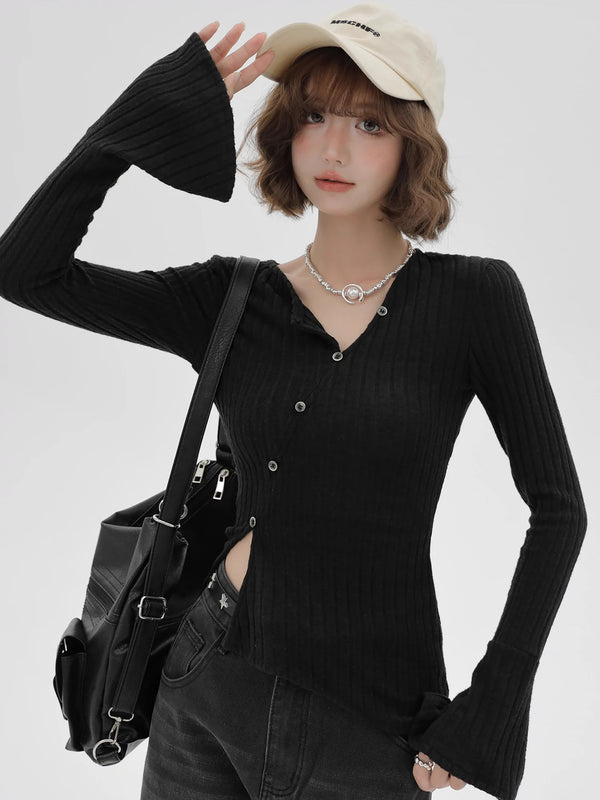 オブリークボタン V ネックスリムウエストボトリングシャツ