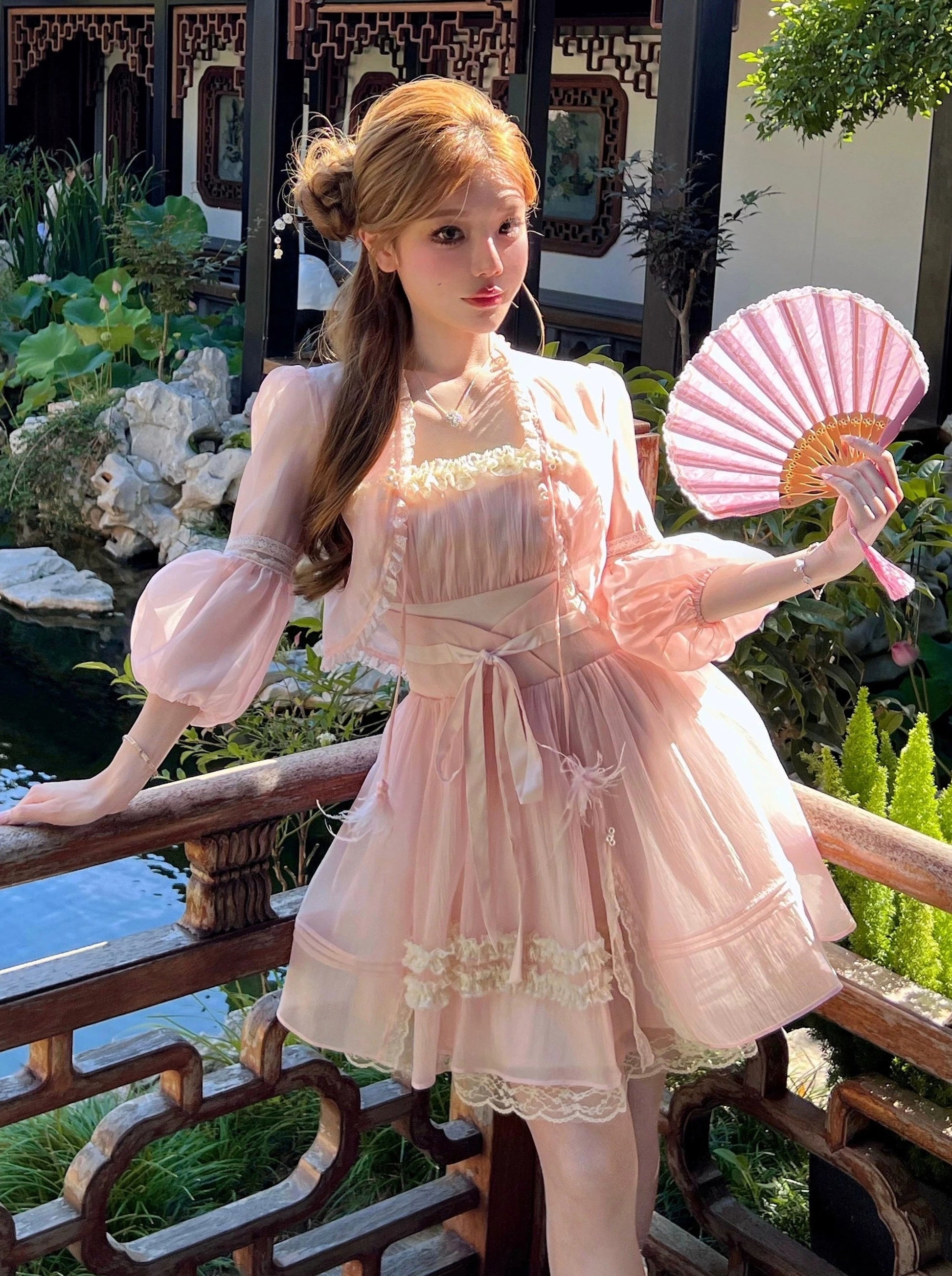 Girly Chinese-Style Sheer Short Cardigan + Waist Ribbon Dress – Belchic
