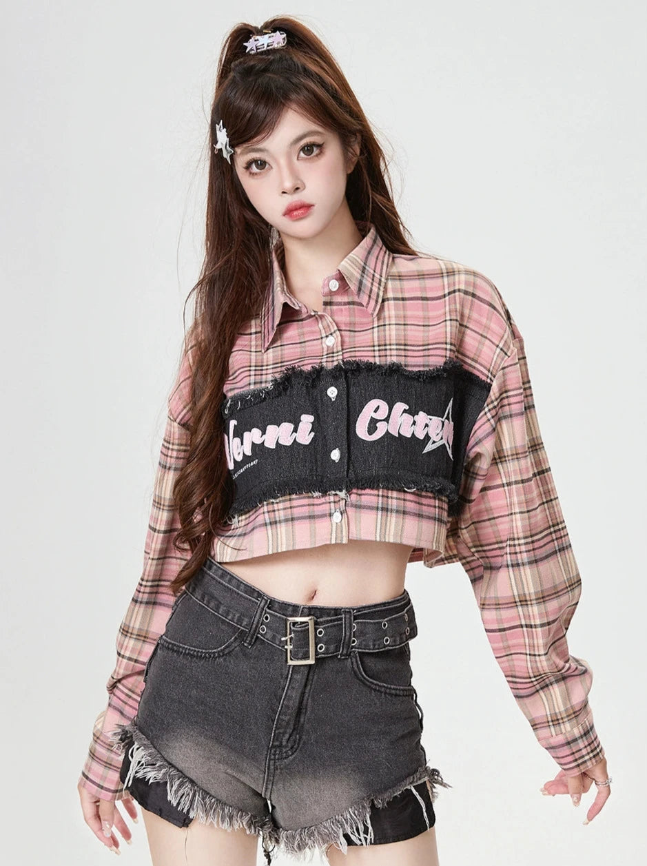 American Retro Check Splicing Short Shirt