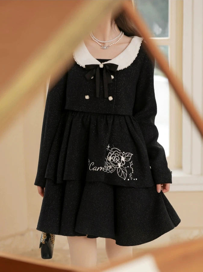 Rose Fragrance Suit Pearl Color Black Glitter Short Jacket + Suspender Dress [Reserved Item].