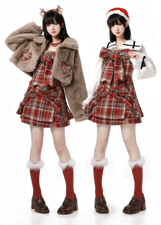 Holy Night Fur Coat + Cross Collar Shirt + Red Check Ribbon Dress