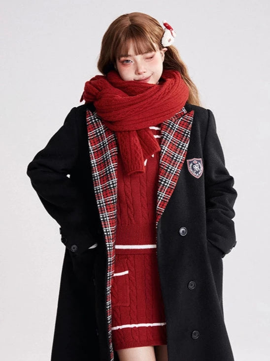 Black Wool Check Tailored Collar Chester Coat