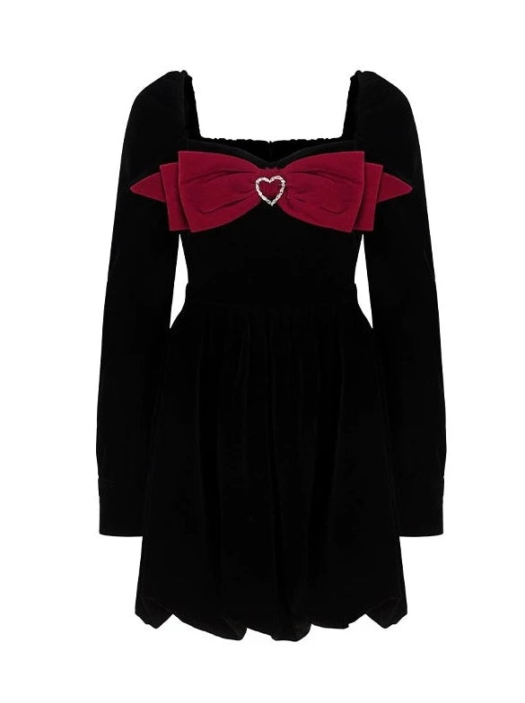 French Retro Velvet Sweet Ribbon Square Neck Dress