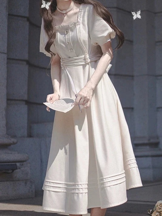 French Retro Apricot Square Collar Dress + Pearl Satin Belt [Pre-Order – Belchic
