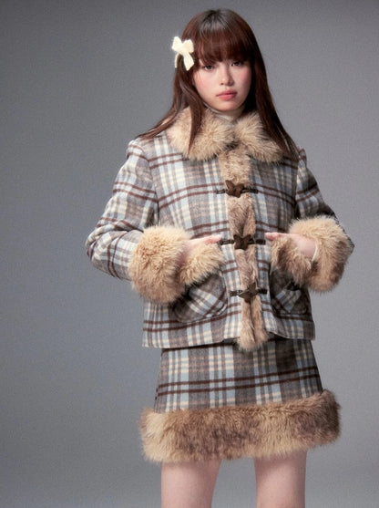 Butterfly Check Fur Short Coat + Fur Check Mini Skirt