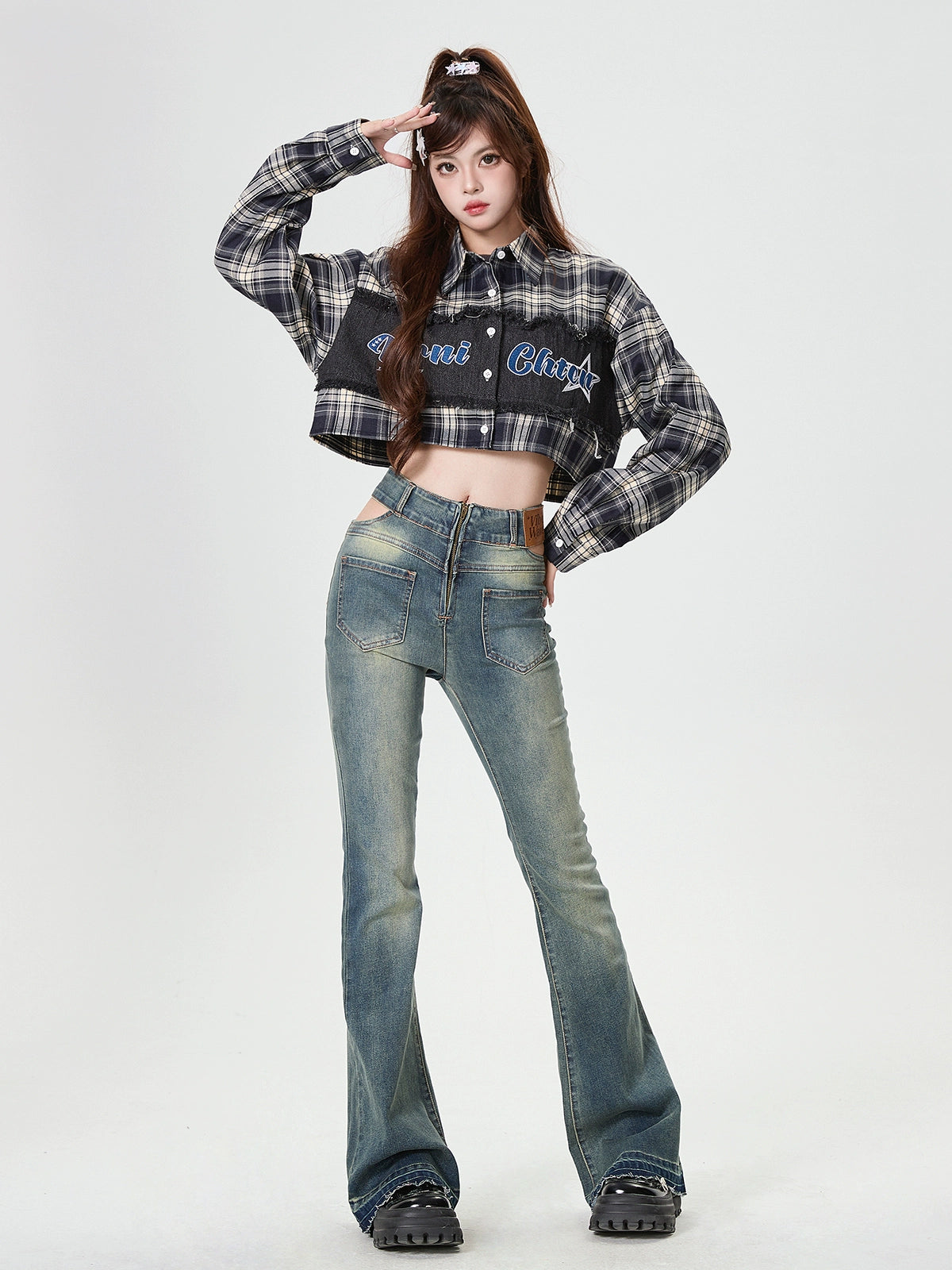 American Retro Check Splicing Short Shirt