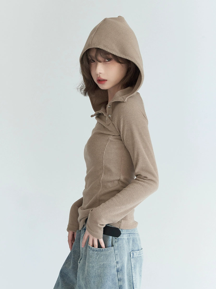 Shoulder Button Hooded Slim Top