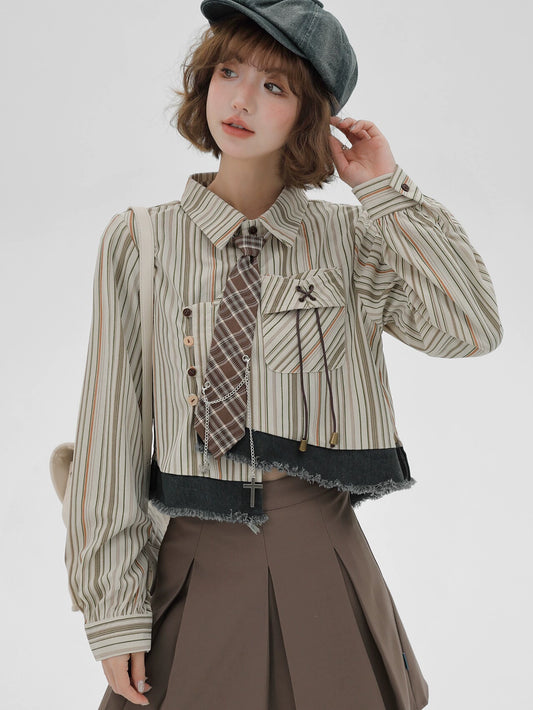Girlyhalo 美式复古长袖衬衫 女式春秋小众设计感拼接宽松上衣