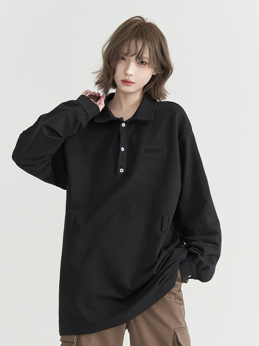 Museum of Gravity Mid length polo neck long sleeve t-shirt women's spring 2024 new loose plus size top