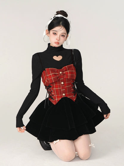 Check Side Lace-Up Skirt + Open Heart Knit [Reserved Item