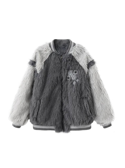 Gray Furry Contrast Collar Raglan Sleeve Fur Jacket