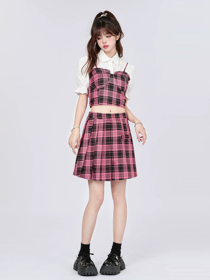 College Style Checked Suspender Top + Skirt