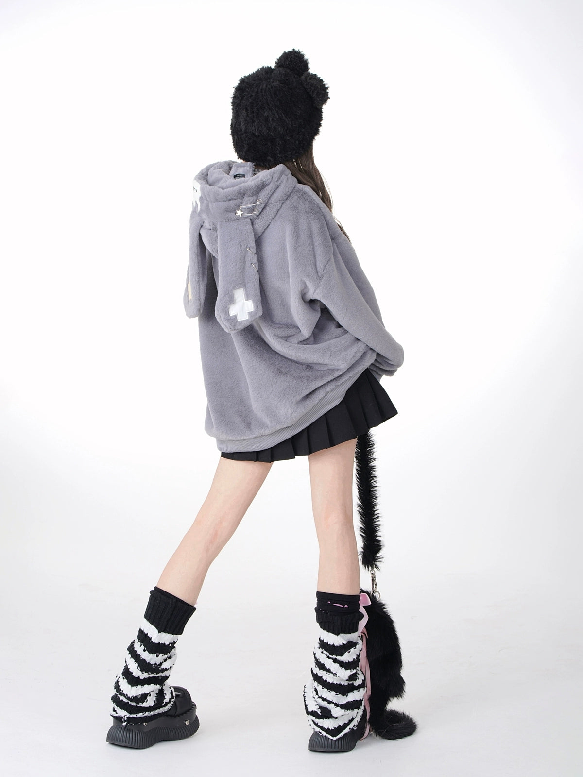 Star Catch Gray Bunny Ears Hood Loose Fur Jacket