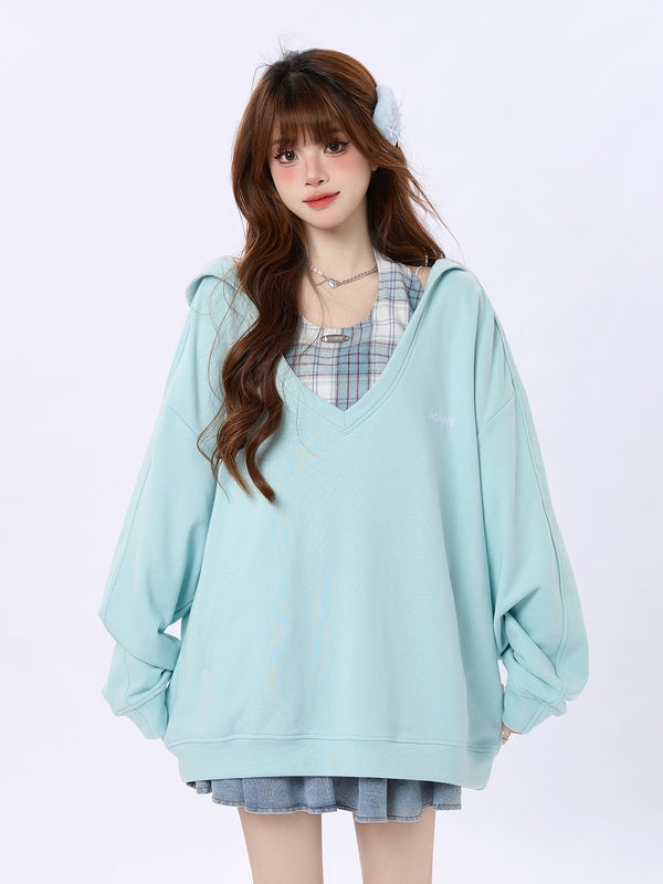 Check Two Piece Hooded Loose Top