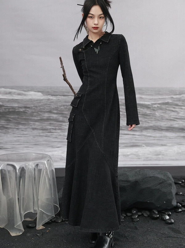 ニッチデザインスプライシングフィッシュテールデニムワンピース