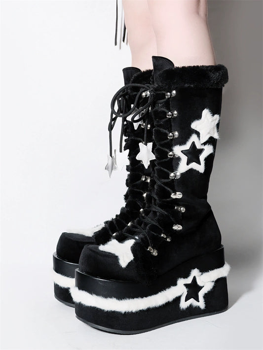 Make an appointment for Velvet Star GURURU original y2k subculture star plush mid-rise boots platform shoes