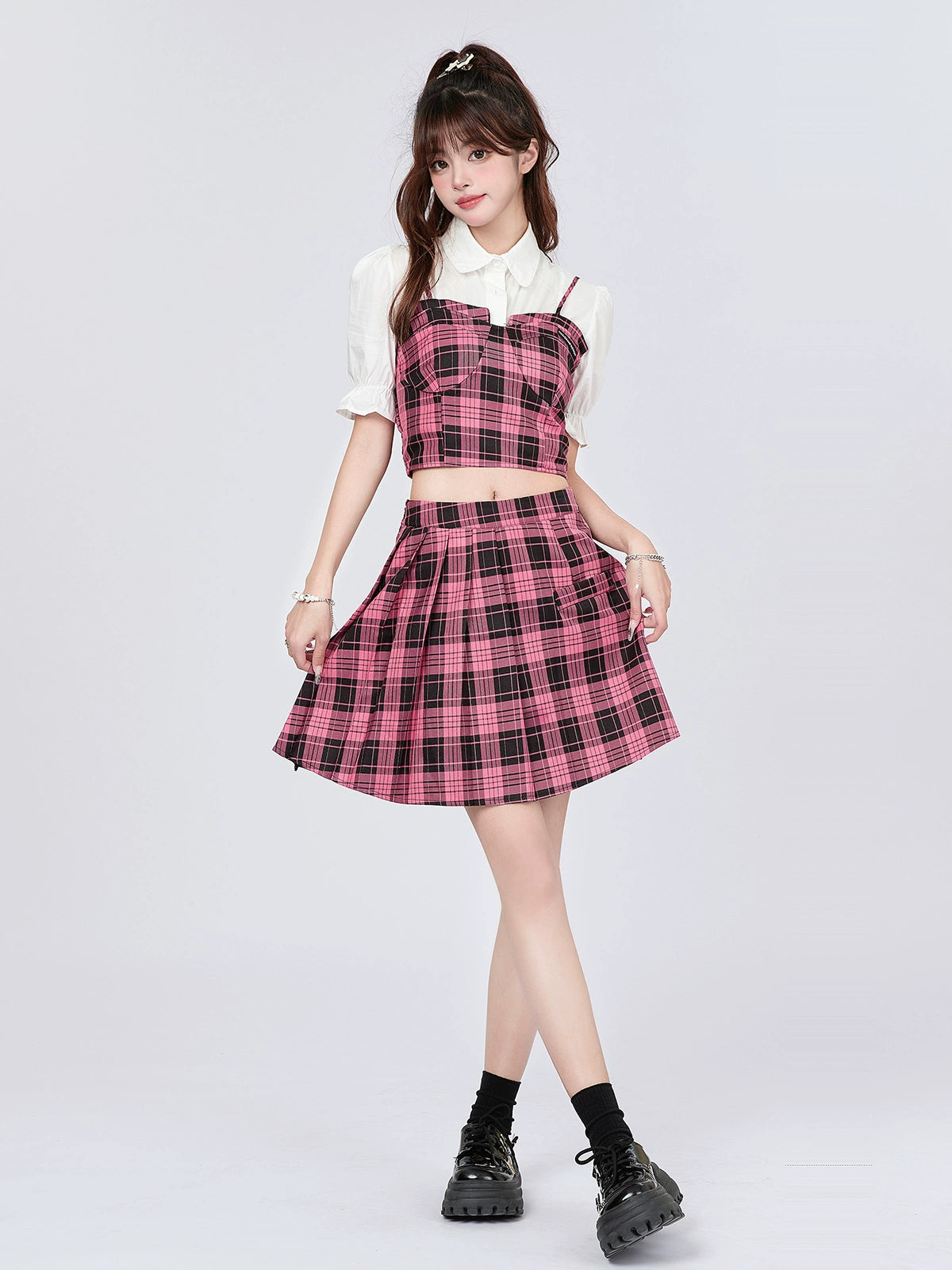 College Style Checked Suspender Top + Skirt