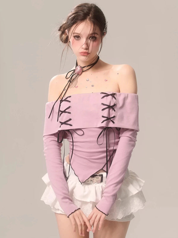 オフショルダーフリルハイエンドストラップリボントップス