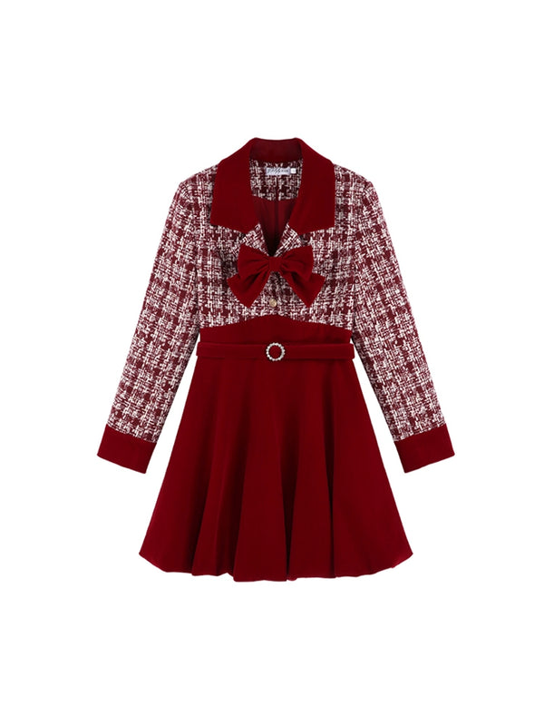 フレンチ Vネックリボンツイードワンピース