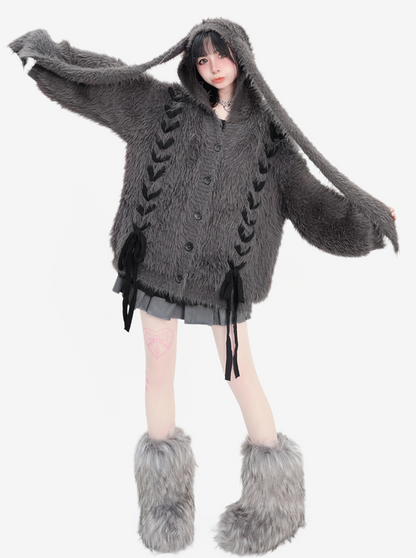 Rabbit Hooded Shaggy Lace-up Knit Cardigan