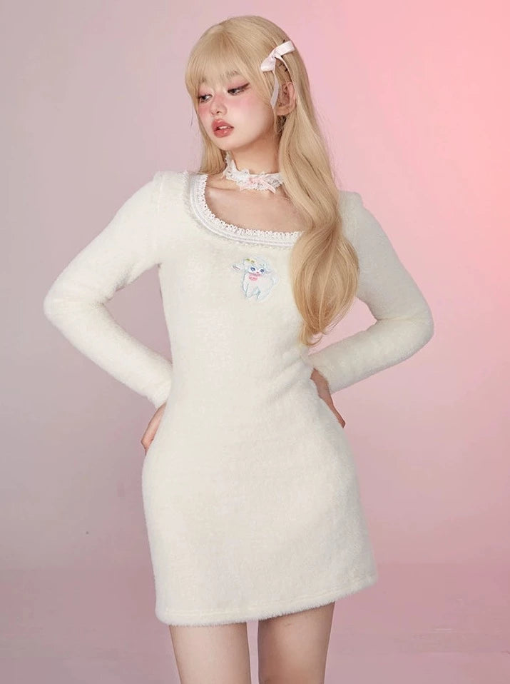 Mink Fur U-Neck Inner Bottom Knit Dress