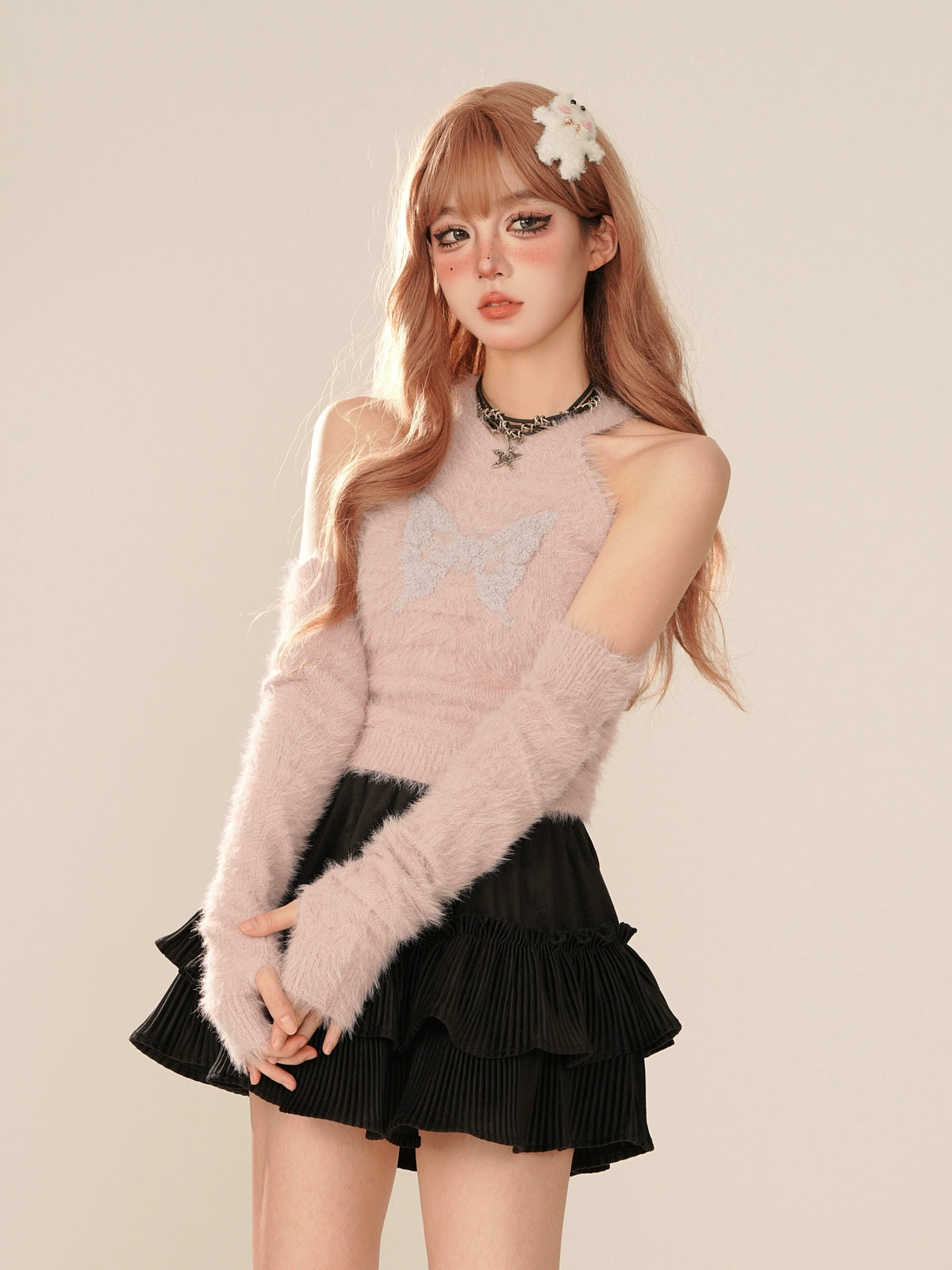 Gumm pink -off shoulder shagie knit tops + knit sleeve [Reserved items]