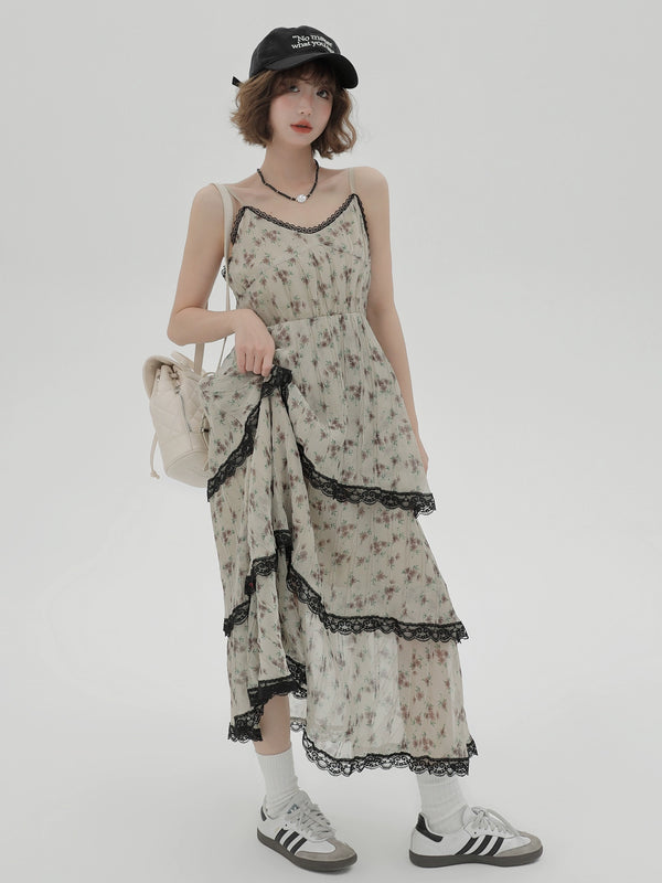 Floral Print Lace Tiered Suspender Dress