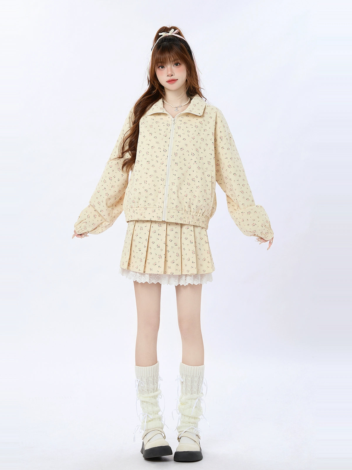 Small Rollal Zip Jacket + Lace Pleated Skirt [Short/Long