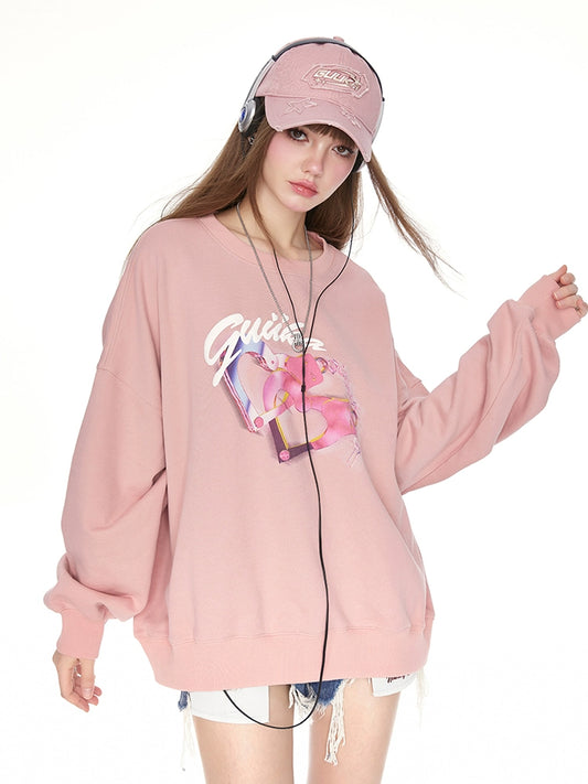 GUUKA Pink Silhouette Sweatshirt Women's Cotton Autumn Fleece New Tanabata Valentine's Day Love Lock Top Loose