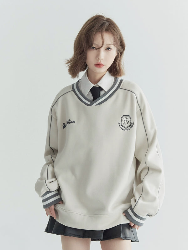 Flocked V-Neck Loose Casual Sporty Top