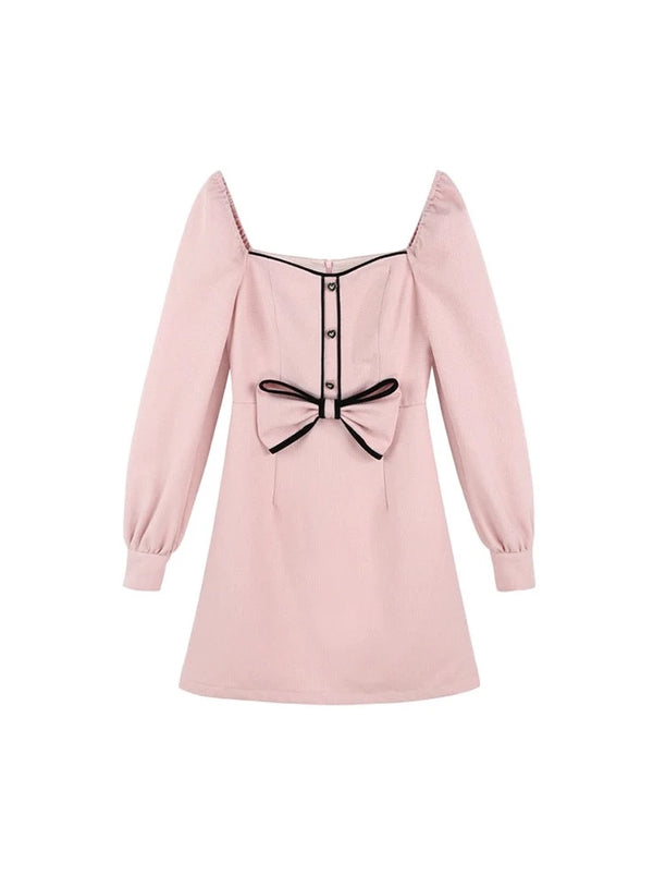 スイートベビーピンクウエストスクエアネックドレス