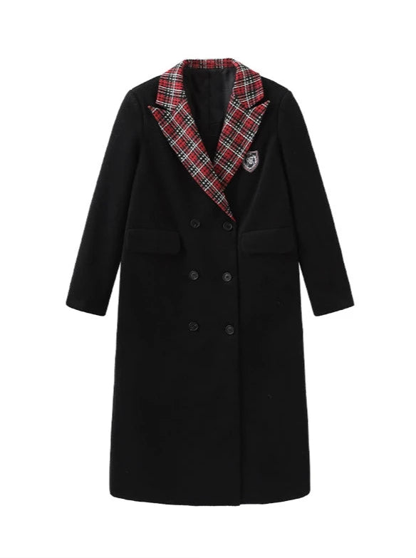 Black Wool Check Tailored Collar Chester Coat