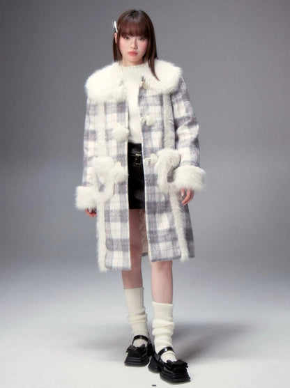 College Check Fur Ball Middle Coat