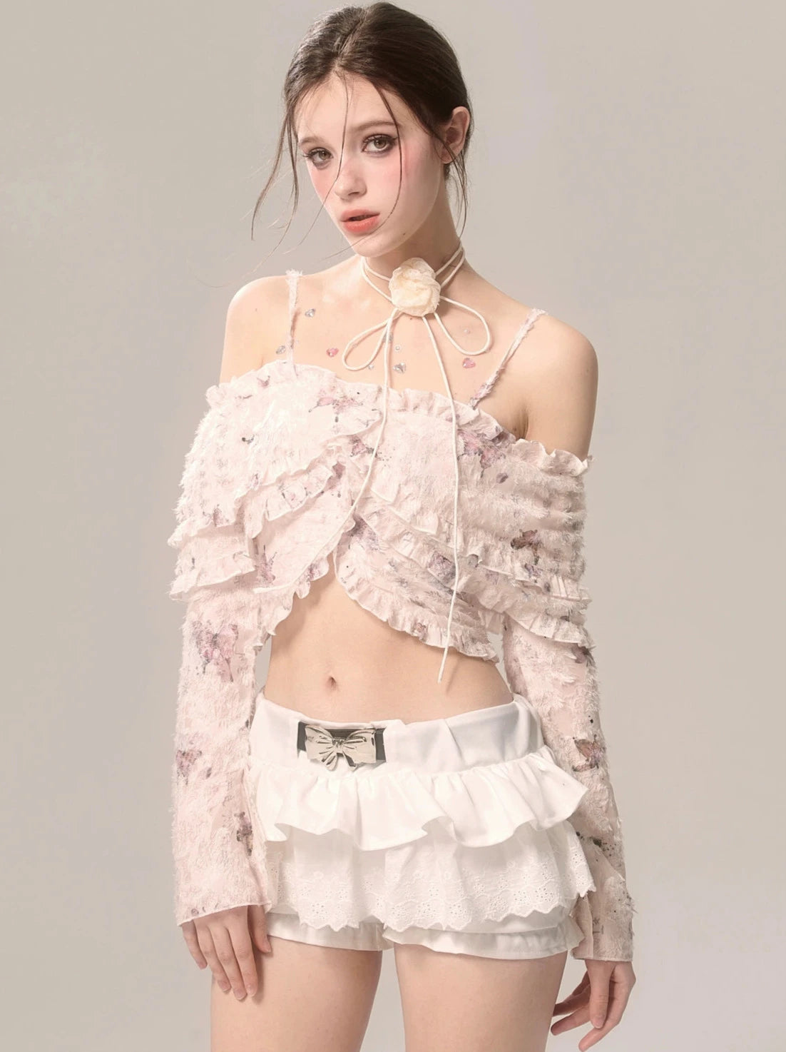 Fairy Butterfly Chiffon Lace Ruffle Off-the-shoulder Strap Top