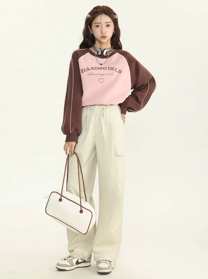 American Contrast Color Short Drawstring Sweatshirt