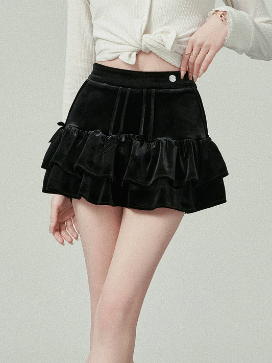 Mrs. Flower Bell 2024 New Half Hip Black Velvet Cake Skirt Spring 2024 Sweet Wind Short Skirt