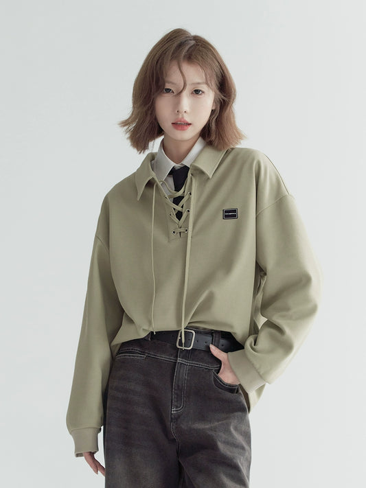 Lace-up Neck Loose Polo Top
