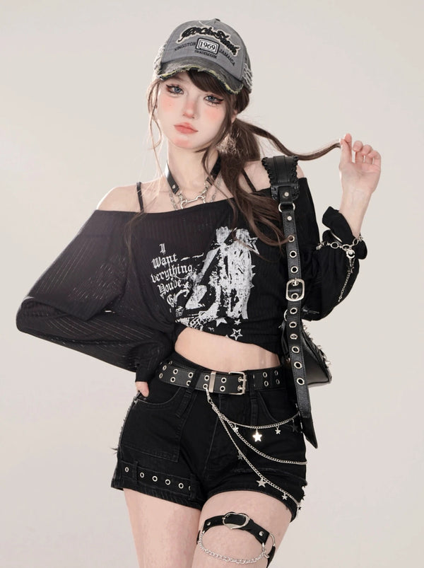 プリントオフショルダールーズストラップシアートップス【予約商品】