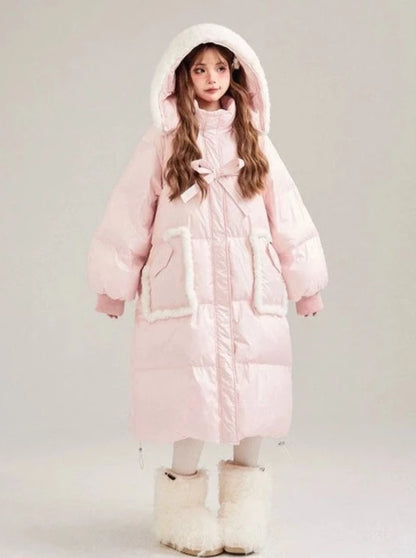 Boa Hoodie Sweet Ribbon Drawstring Long Down Coat