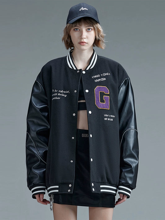 GUUKA trendy brand black thickened cotton jacket women's winter hip hop embroidery PU cotton jersey baseball jacket is loose